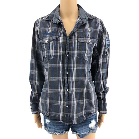 Springfield LARGE Gray Plaid Certified Smart Pearl Snap Boyfriend Shirt - Picture 1 of 7